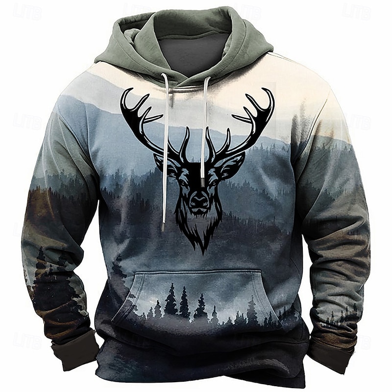 Men's Deer Hoodies Daily Casual Long Sleeve Hooded Vacation Hunting Streetwear Brown Dark Blue Print Front Pocket Spring &  Fall Designer