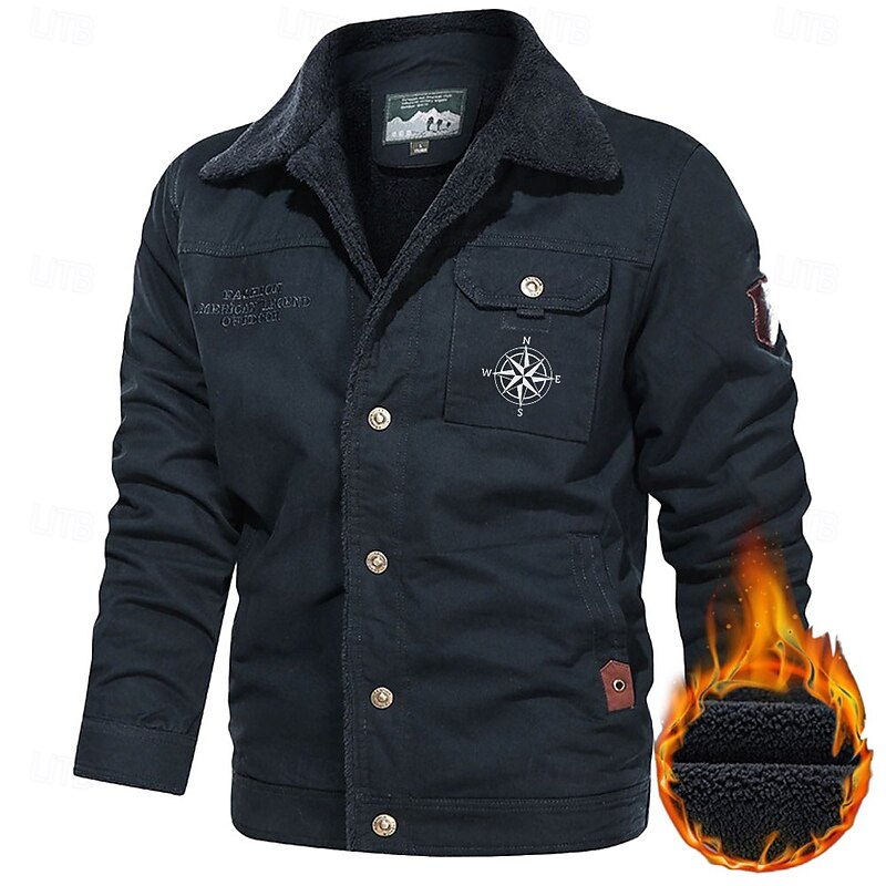 Men's Compass Print Embroidered Fleece Jacket Sherpa Trucker Jacket Work Cargo Jacket Turn-Down Collar Warm Winter Cotton Jacket Vintage Casual Going Out Coat Multi-Pockets3