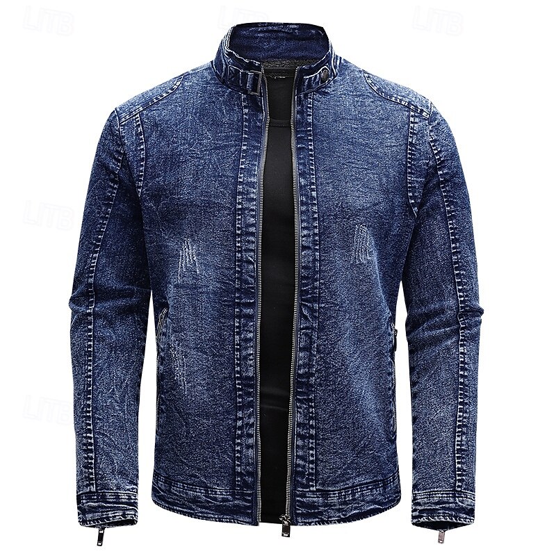 Men's Lightweight Jacket Jean Jacket Denim Jacket Formal Home Windbreaker Zipper Spring Fall Winter Solid Color Fashion Stand Collar Regular Black Blue Jacket4
