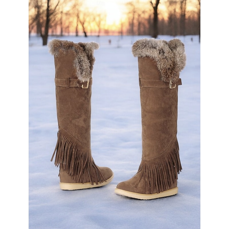Women's Green Suede Moccasin Winter Boots with Fur Lining and Fringe Detail – Cozy Knee-High Snow Boots for Cold Weather 9