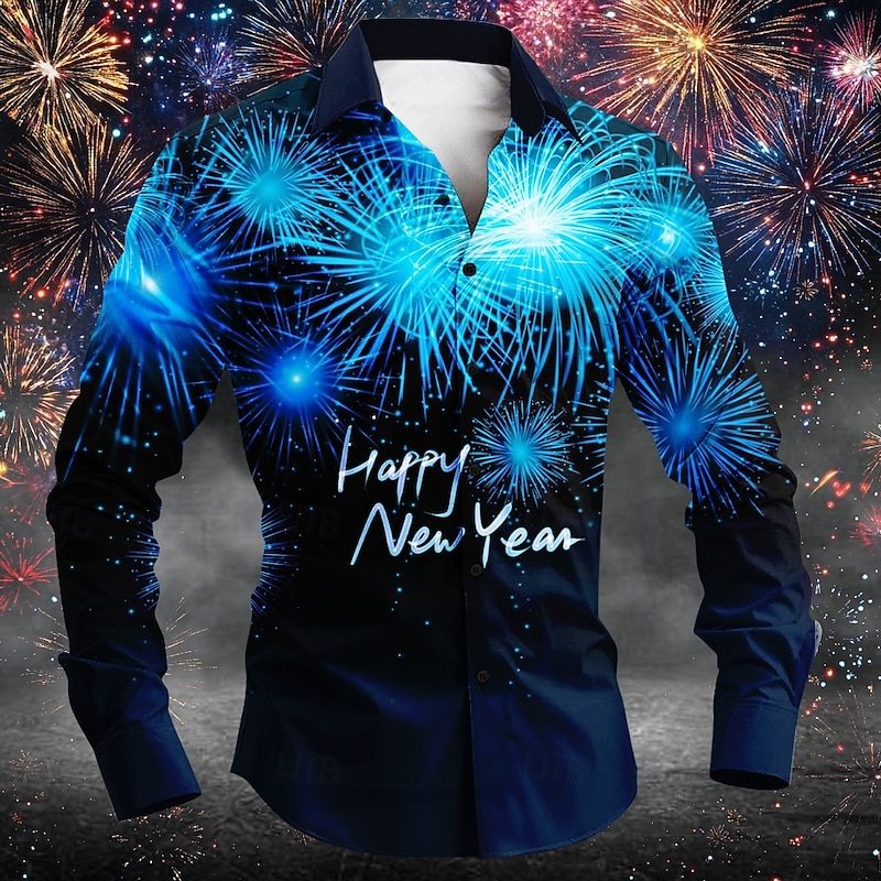 New Year Men's Letter & Number Shirt Long Sleeve Casual Party Daily Spring Fall Winter Turndown Pocket Red Blue Purple Green