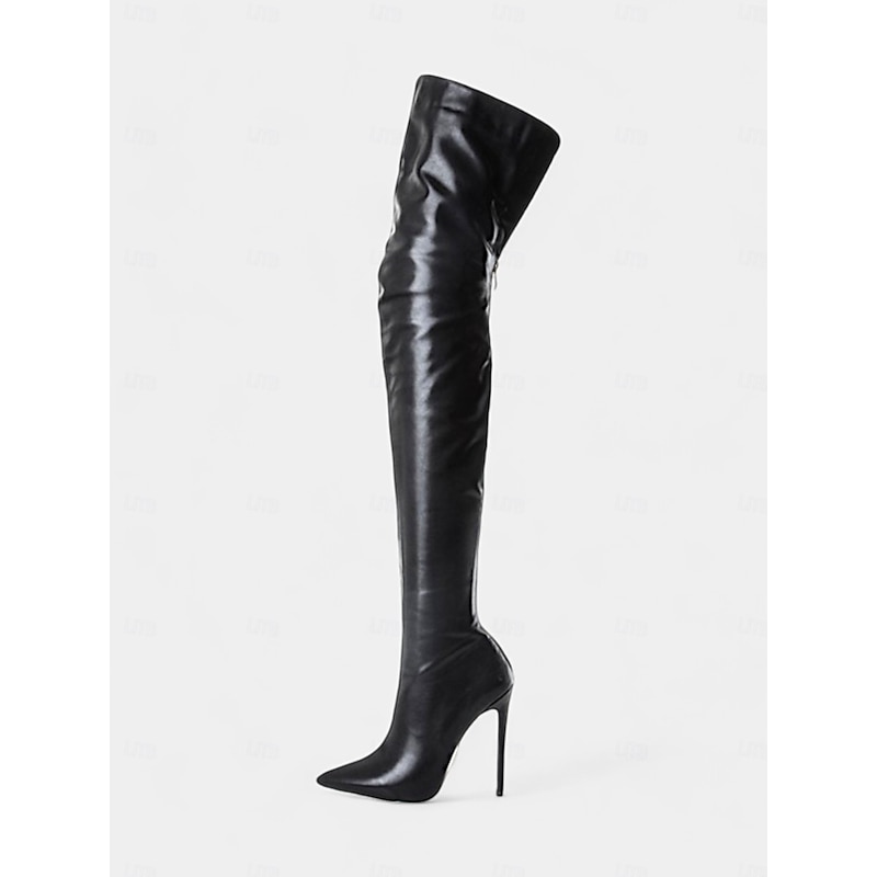 Women's Black Faux Leather Thigh-High Stiletto Boots – Sleek and Sexy Over-the-Knee Design for Clubwear and Evening Glam