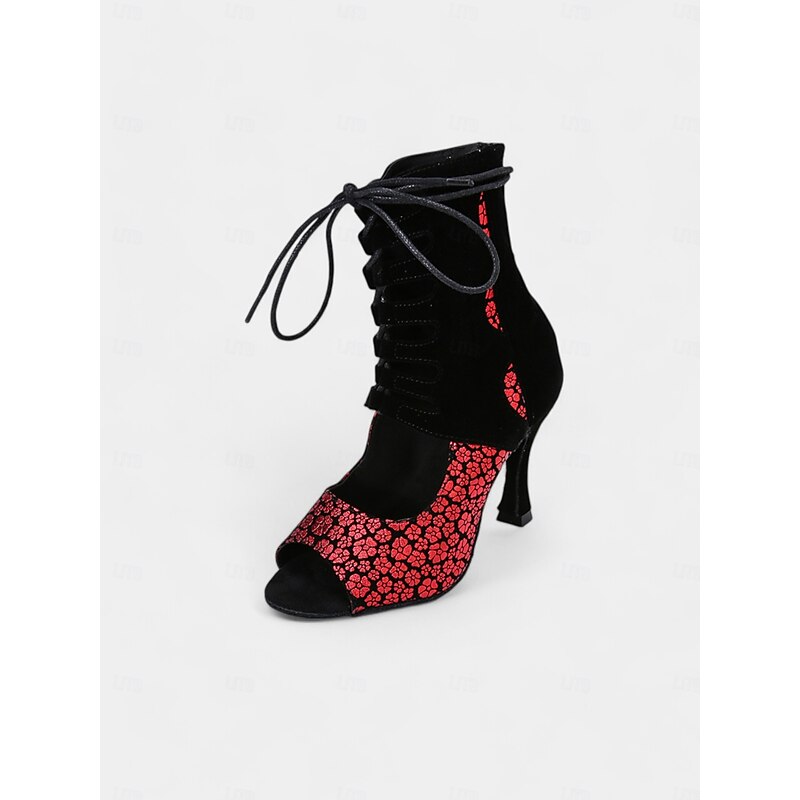 Women's Lace-Up Peep-Toe High Heel Dance Boots – Red Floral Pattern with Black Cut-Out Design for Latin and Salsa4