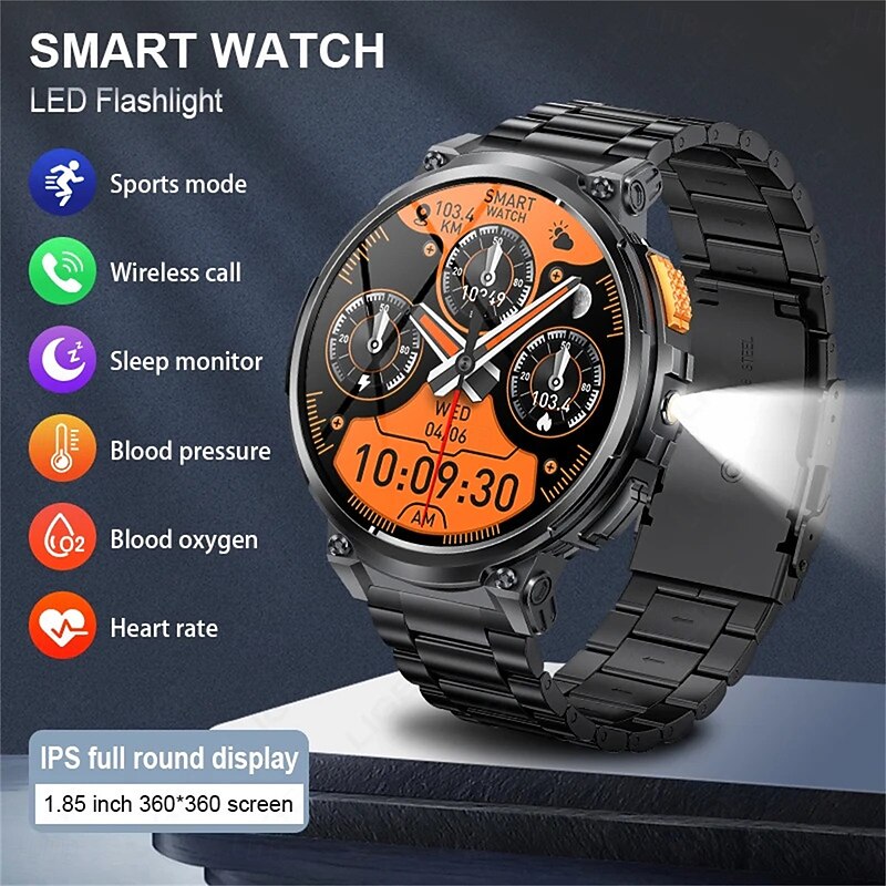 K66 Smart Watch Men Flashlight Bluetooth Call 1.85inch 128MB Memory 730mAh Large Battery LED Light Outdoor Sport Smartwatch
