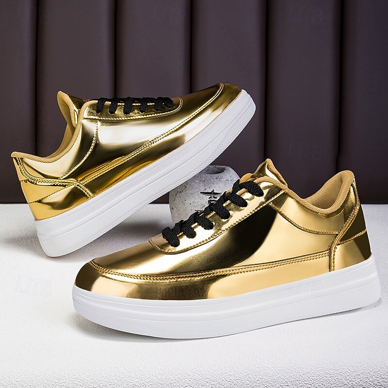 Men's Gold Metallic Low-Top Sneakers – Stylish Lace-Up Shoes with White Non-Slip Sole for Casual and Party Wear4