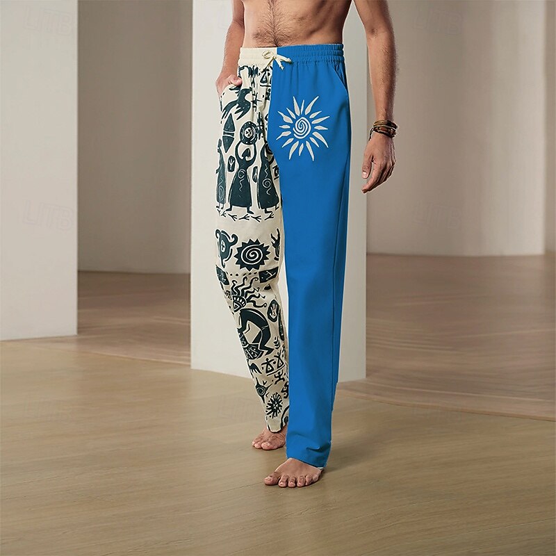 Men's Ethnic Linen Pants Trousers Summer Pants Mid Waist Vintage Ethnic Style Casual Daily Holiday Drawstring Elastic Waist 3D Print Spring & Summer 3D Print Black Blue Khaki