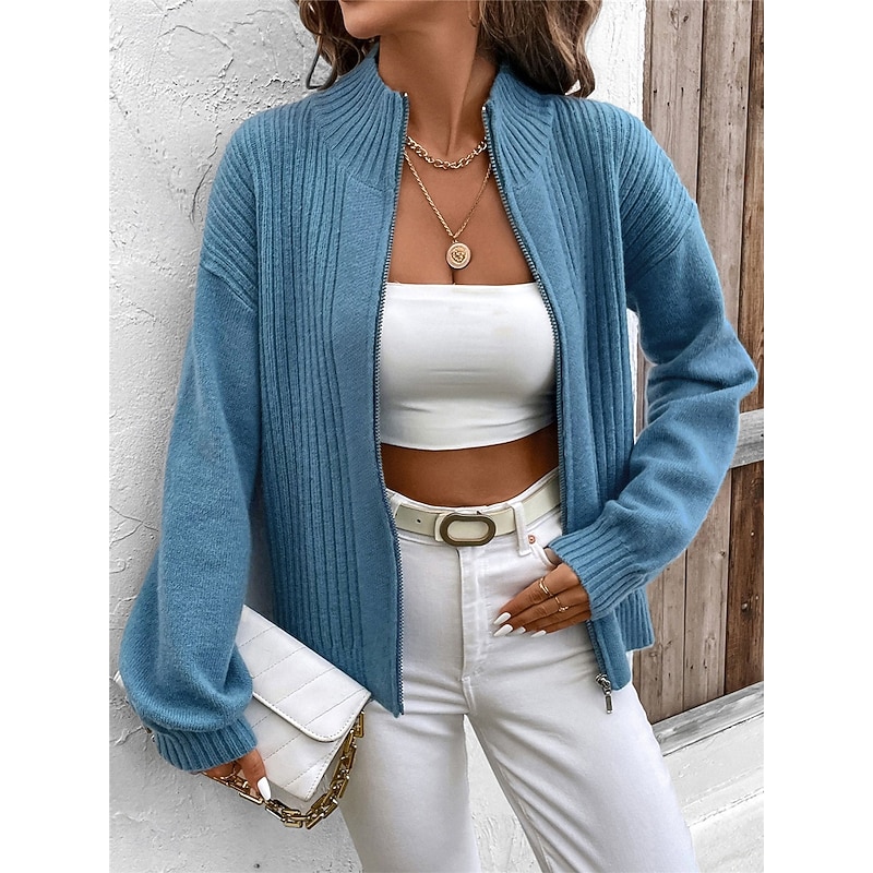 Women's Sweater Cardigan Casual Soft Pure Color Ribbed Stand Collar Zipper Knitted Long Sleeve Regular Tops Knit Outdoor Daily Weekend Blue Fall Winter3