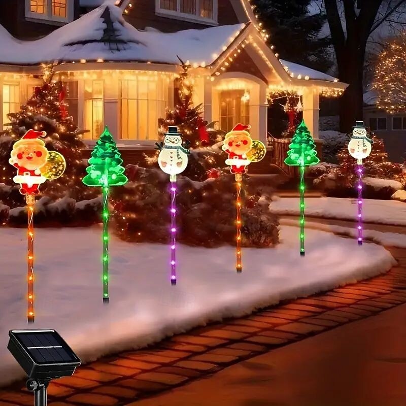 6PCS Solar Holiday Garden Stake Lights Snowman Santa and Reindeer Lawn Lights Outdoor Waterproof Decoration Christmas Yard Walkway Pathway Landscape Lights4