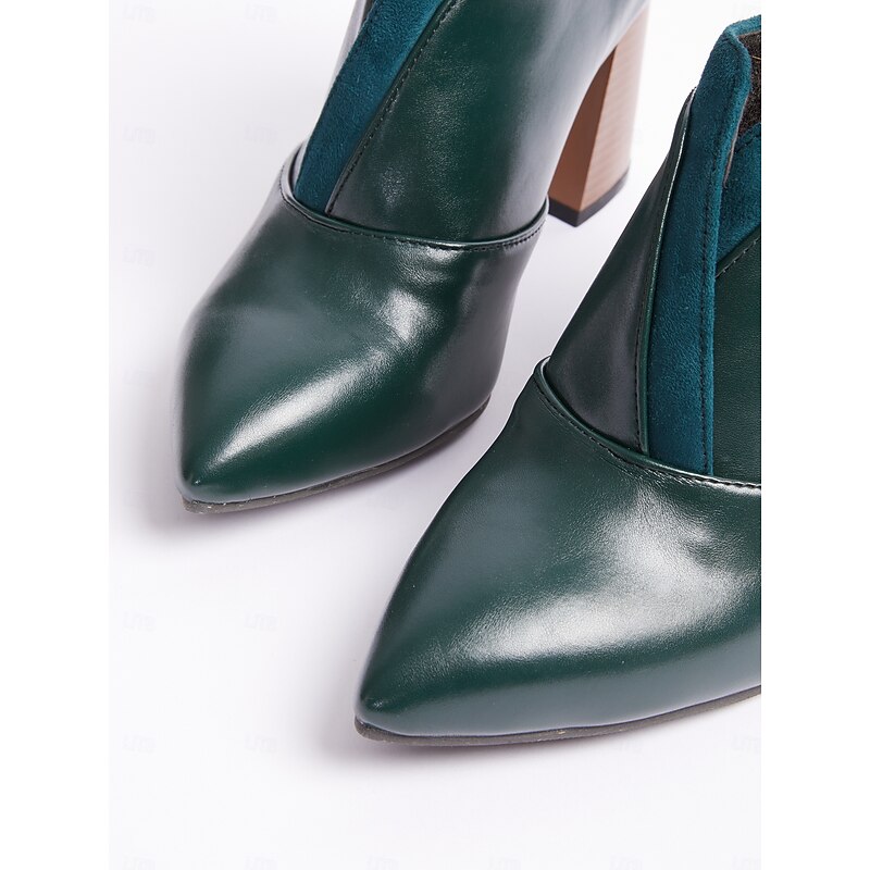Women's Green Faux Leather Pointed-Toe Ankle Boots with Block Heels – Modern and Sophisticated Shoes for Office and Evening Wear4