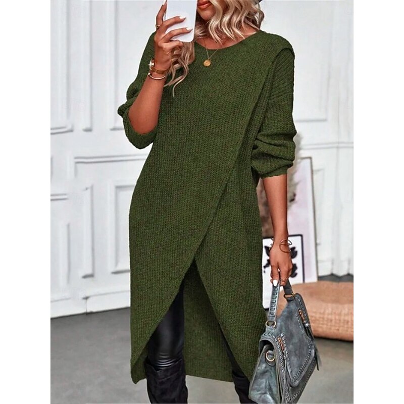 Women's Sweater Sweater Dress Casual Soft Pure Color Ribbed Crew Neck Knitted Long Sleeve Long Tops Knit Outdoor Daily Weekend Green Khaki Fall Winter4