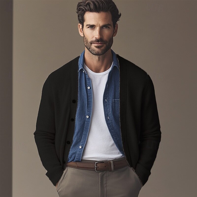 Men's Cardigan Sweater Cropped  Sweater Knit Sweater Ribbed Knit Regular Button Up Pocket Solid Color V Neck Fashion Classic Daily Wear Date Clothing Apparel Fall & Winter Black White S M L4