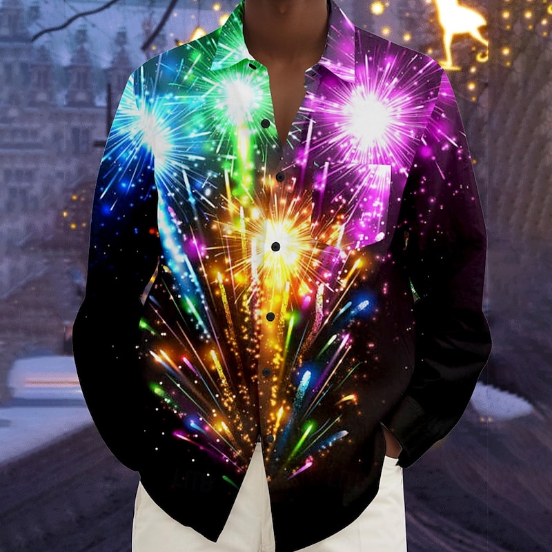 New Year Men's Shirt Button Up Shirt Long Sleeve Funny Sport Travel Summer Turndown Pocket Multi Color