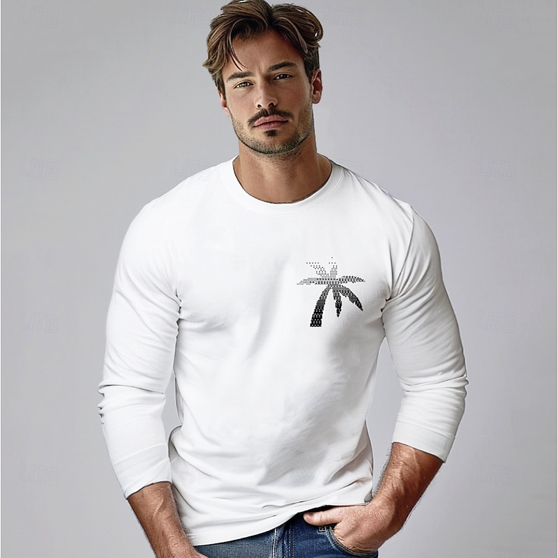 Men's 100% Cotton Graphic Tee Casual Style Classic Style Palm Tree Crew Neck Clothing Apparel Other Prints Outdoor Street Daily Sports Vacation Long Sleeve Fashion Cool Daily Stylish Simple