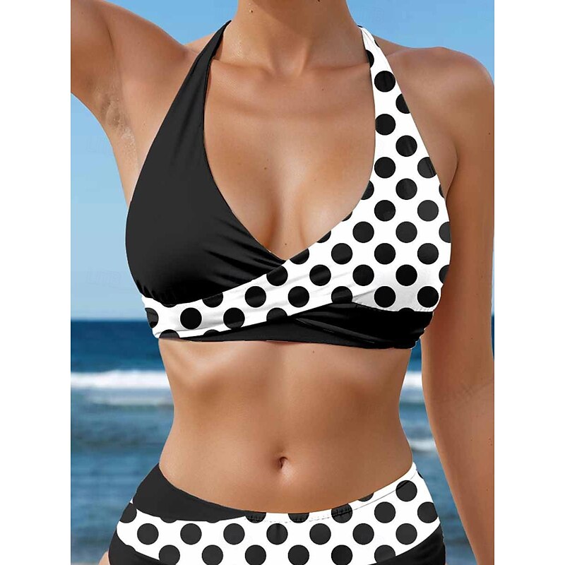 Women's Swimsuits Bikini 2 Piece Cheeky Swimsuit Backless Vacation Beach Wear Polka Dot Halter Neck Sleeveless Bathing Suits3