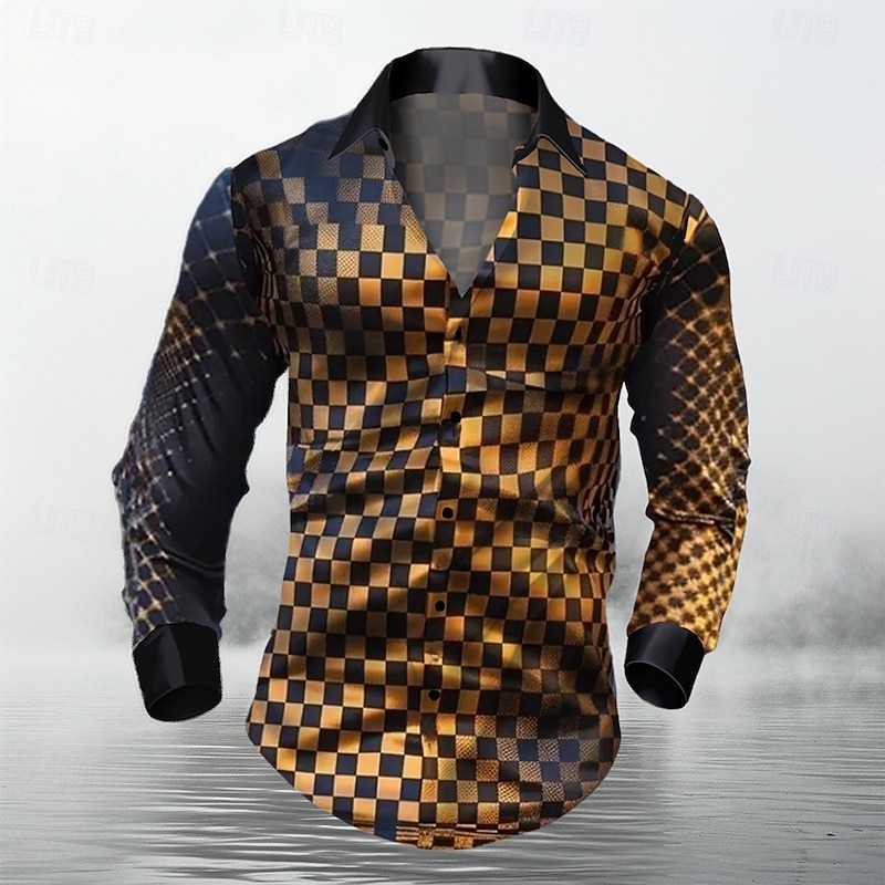 Men's Plaid / Check Satin Shirt Button Up Shirt Long Sleeve Fashion Casual Vacation Party Evening Wear Dailywear Summer Spring Fall Collared Shirts 3D Print Yellow