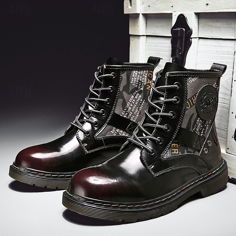 Men's Patent Faux Leather Combat Boots - Military-Style Lace-Up Design with Camouflage Details, Rugged Sole for Outdoor and Casual Wear3