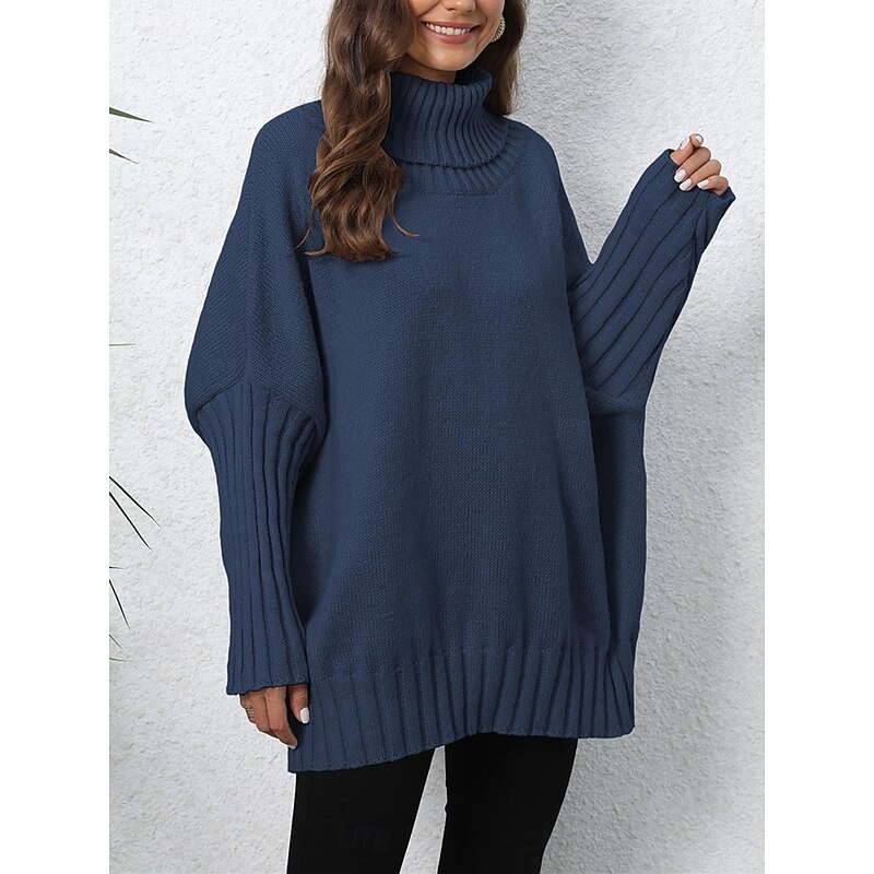 Women's Sweater Casual Soft Pure Color Ribbed Turtleneck Knitted Long Sleeve Regular Tops Knit Outdoor Daily Weekend Navy Blue Green Fall Winter 5