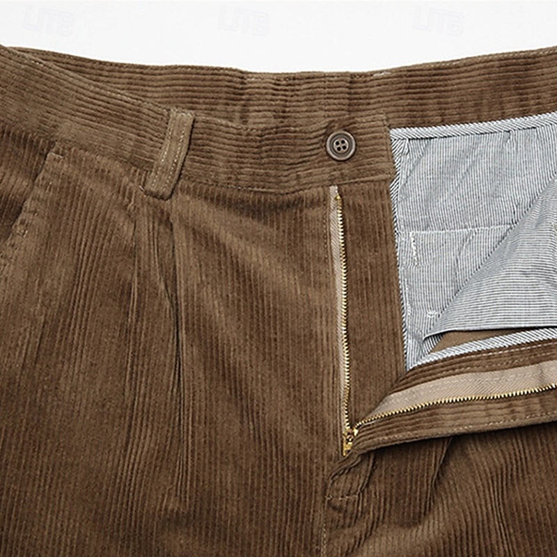 Men's Dress Pants Corduroy Pants Trousers Straight Leg Plain Comfort Daily Classic Style Dark Khaki Black Micro-elastic4