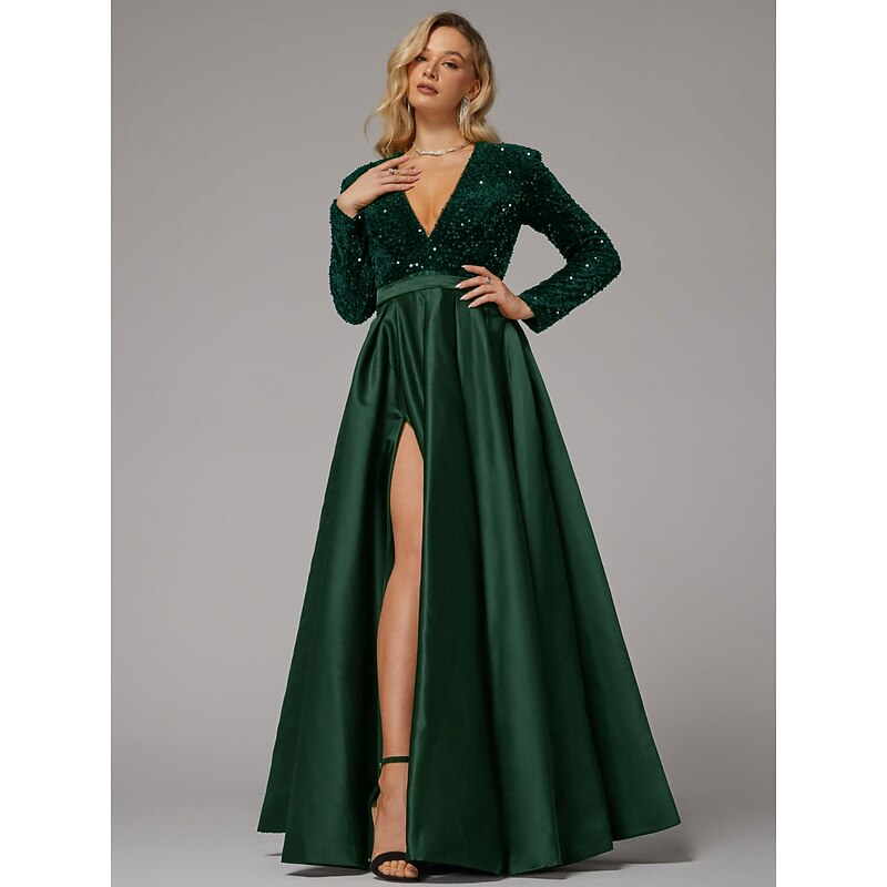 Ball Gown Evening Gown Elegant Dress Wedding Guest Birthday Floor Length Long Sleeve V Neck Pocket Satin with Sequin Pocket 8