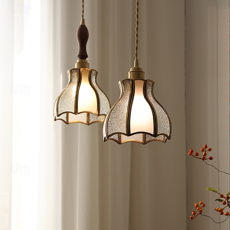 Pendant Lights American Vintage Brass Pendant Lamp with Spliced Glass Shade European Simple 6.3in Brass Glass Hanging Lamp 85-265V3