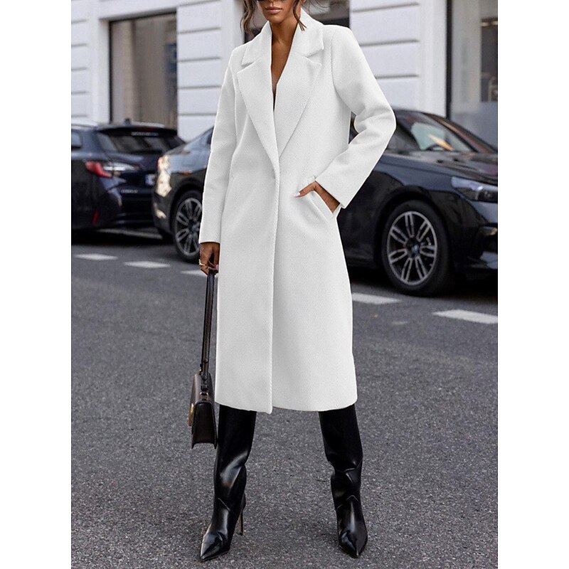 Women's Coat Warm Comfortable Buttons Pocket Elegant Solid Color Casual Daily Single Breasted Long Lapel Regular Fit Long Sleeve Outerwear Black White Red Winter