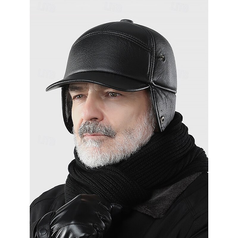 Men's Winter Faux Leather Baseball Cap – Warm Fleece-Lined with Ear Flaps, Stylish Black Cold Weather Hat for Outdoor Activities and Casual Wear2
