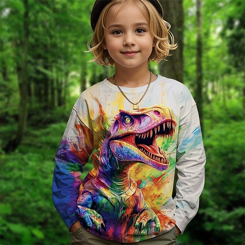Girls' 3D Graphic Animal Dinosaur T shirt Tee Long Sleeve Spring Fall Fashion Basic Kids 4-12 Years Crew Neck Outdoor Casual Daily Regular Fit4
