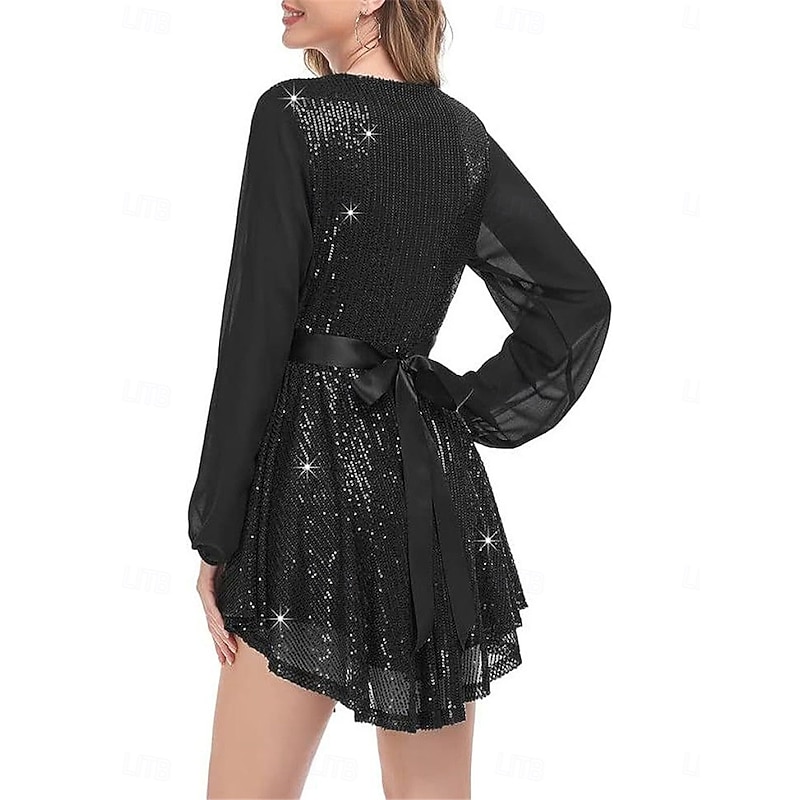 Women's Mini Dress Black Dress Sequin Dress Casual Dress Blazer Dress Casual Party Street Evening Party Regular Fit Plain Long Sleeve V Neck Black Fall Winter4