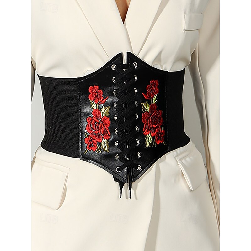Women's Black Lace-Up Corset Belt with Red Floral Embroidery – Stylish Waist Cincher for Dresses and Blazers
