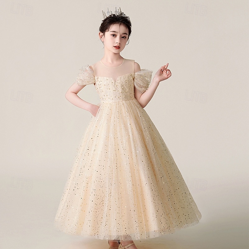 Flower Girl Dress Kid's Girls' Princess Dress Performance Wedding Party Elegant Beautiful Sequins Mesh Solid Color Sleeveless Crew Neck Wine Red Champagne 4 years+2