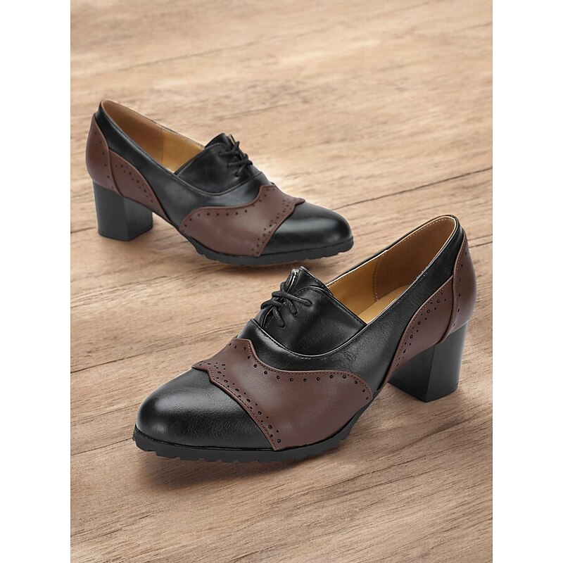 Women's Vintage-Inspired Two-Tone Faux Leather Brogue Oxfords with Block Heel - Classic and Comfortable for Work or Casual Wear2