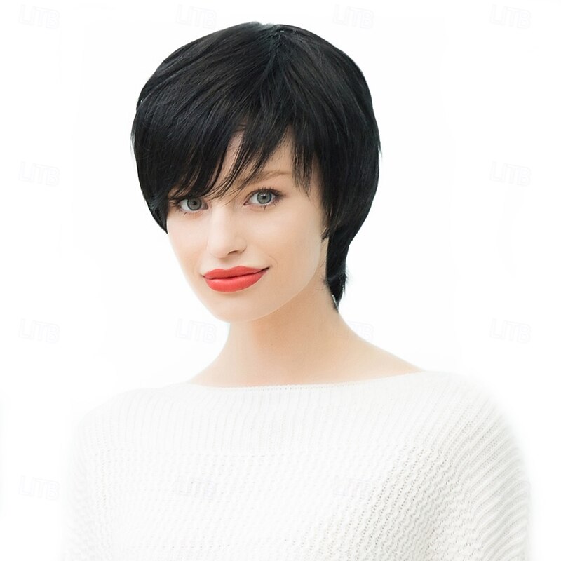 Human Hair Blend Wig Short Straight Natural Straight Bob Pixie Cut Side Part Layered Haircut Black Cosplay Curler & straightener Natural Hairline Capless Burmese Hair Women's All Black 10 inch3