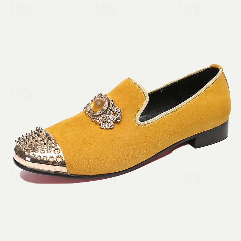 Men's Yellow Leather Loafers with Jeweled Embellishment and Studded Metallic Cap Toe – Premium Cowhide Statement Dress Shoes for Special Occasions2