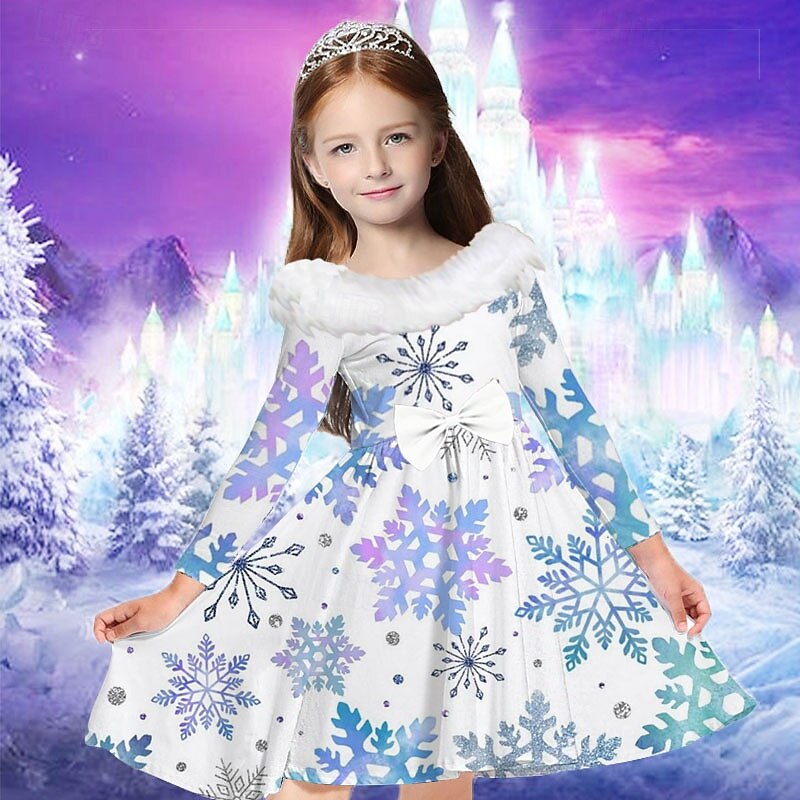Kids Girls' Dress Snowflake Dress Snowflake Long Sleeve Casual Fur Trim Crewneck Adorable Daily Polyester Above Knee Casual Dress Swing Dress A Line Dress Fall Winter 2-13 Years Silver Multicolor