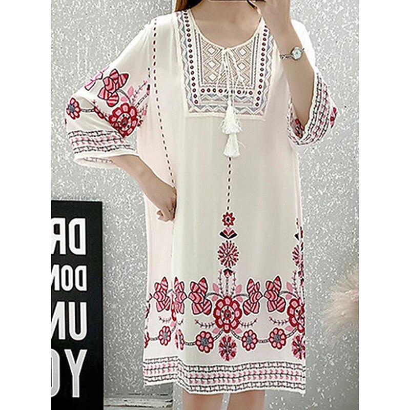 Women's Mini Dress Petite Dress Casual Dress Boho Dress Casual Daily Regular Fit Floral 3/4 Length Sleeve Crew Neck White Red Navy Blue Spring Fall2