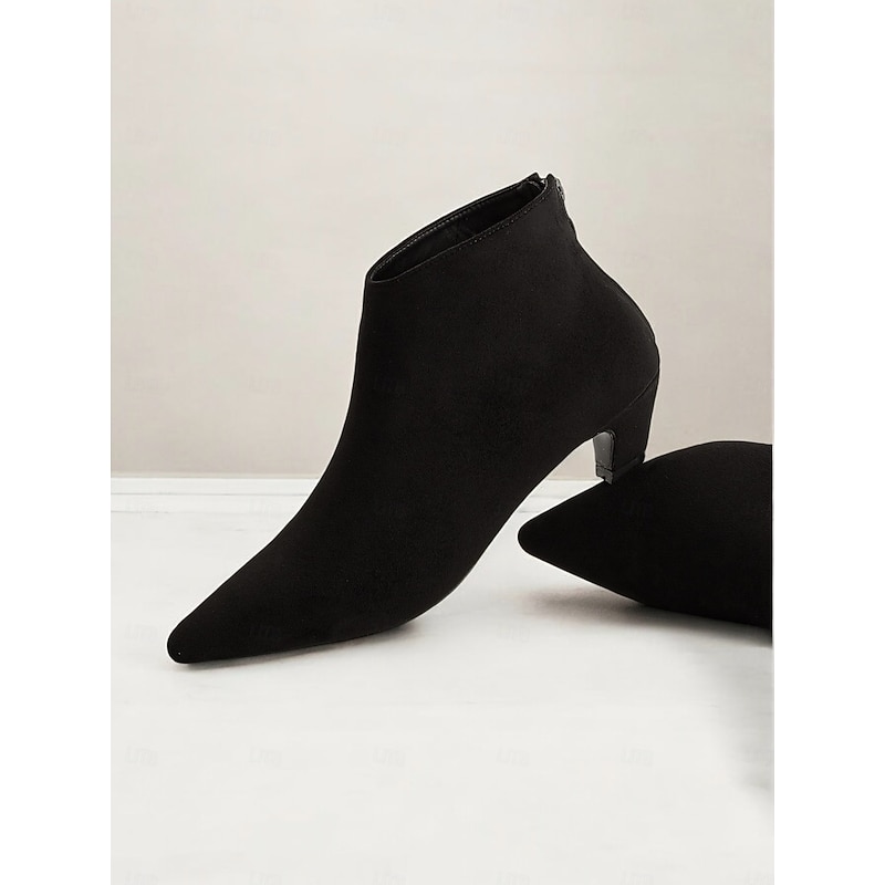 Women's Black Pointed-Toe Ankle Boots with Kitten Heel - Elegant and Versatile Footwear for All Seasons