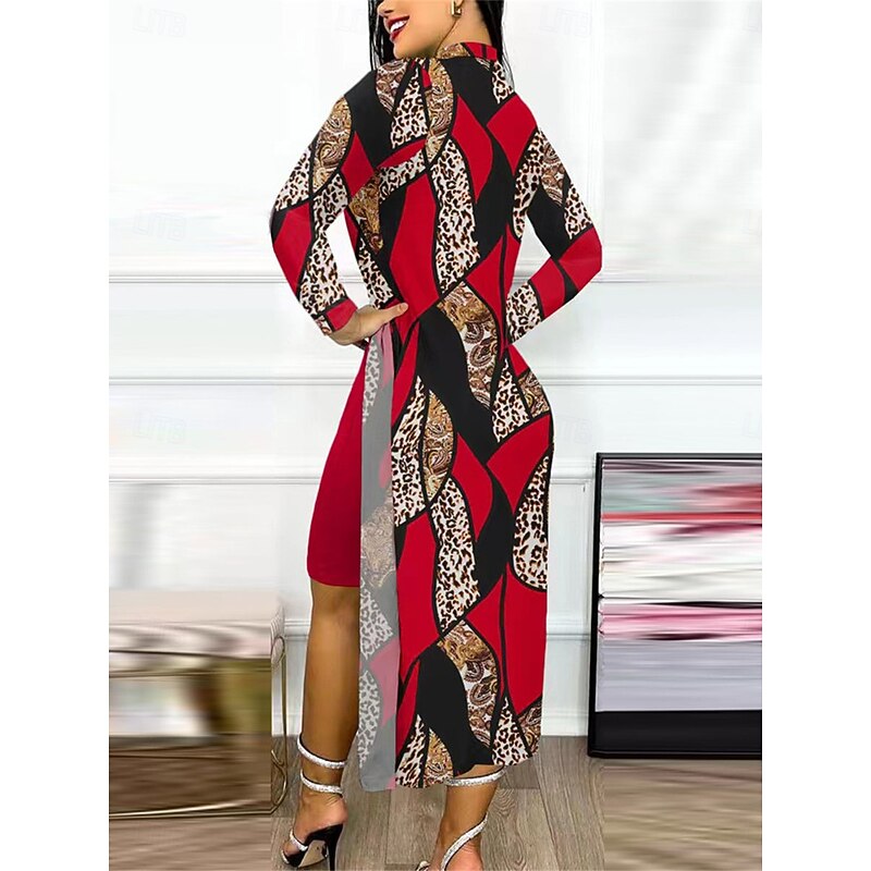 Women's Dress Set Casual Dress Casual Leopard Color Block Print Midi Dress Long Sleeve Stand Collar Outdoor Daily Yellow Red Navy Blue Summer Spring Regular Fit4