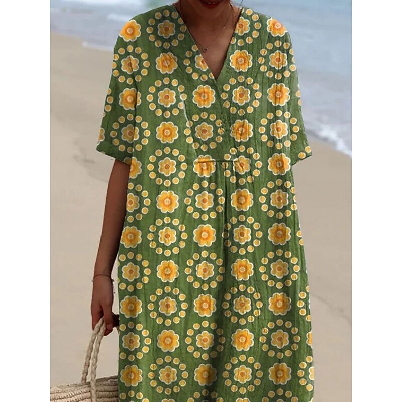 Women's Maxi Dress Linen-Inspired Dresses Casual Dress Cotton Linen Dress Swing Dress Casual Daily Regular Fit Floral Half Sleeve V Neck Green Summer Spring Fall4