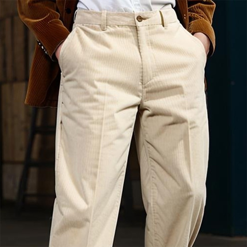 Men's Dress Pants Corduroy Pants Trousers Buttons Straight Leg Plain Comfort Soft Full Length Formal Office Casual Stylish Simple Loose Fit Black White High Waist Micro-elastic2