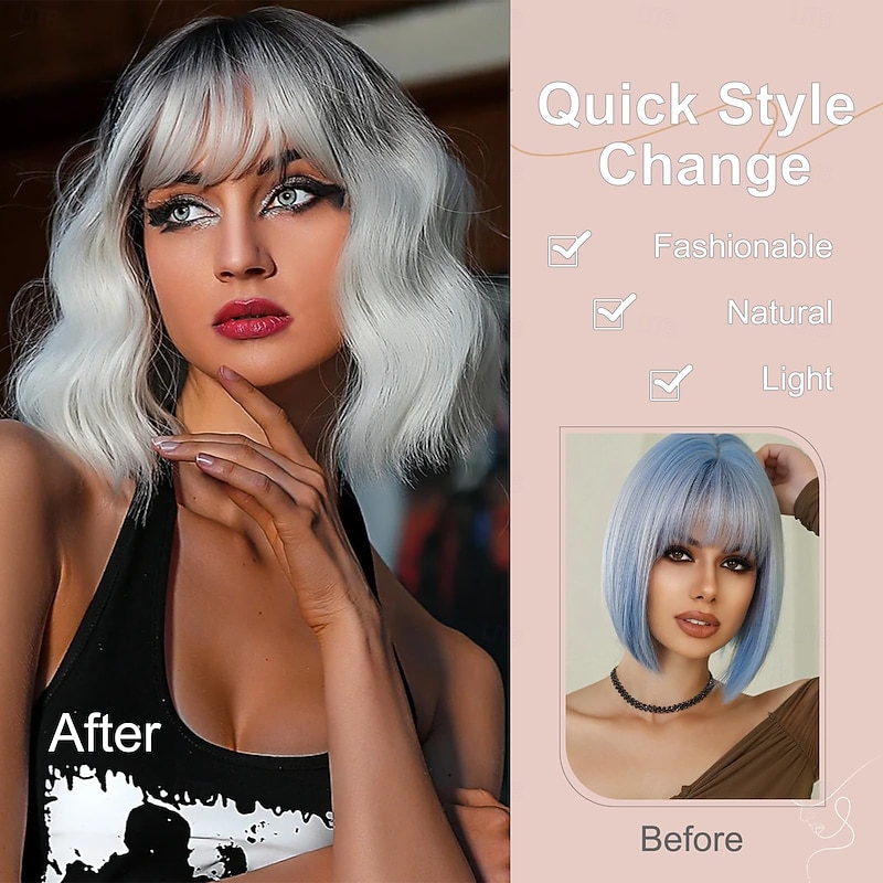 Wavy Bob Wig With Air Bangs Natural Curly Short Bob Wigs Women's Shoulder Length Wigs Synthetic Cosplay for Girl Colorful Wigs3