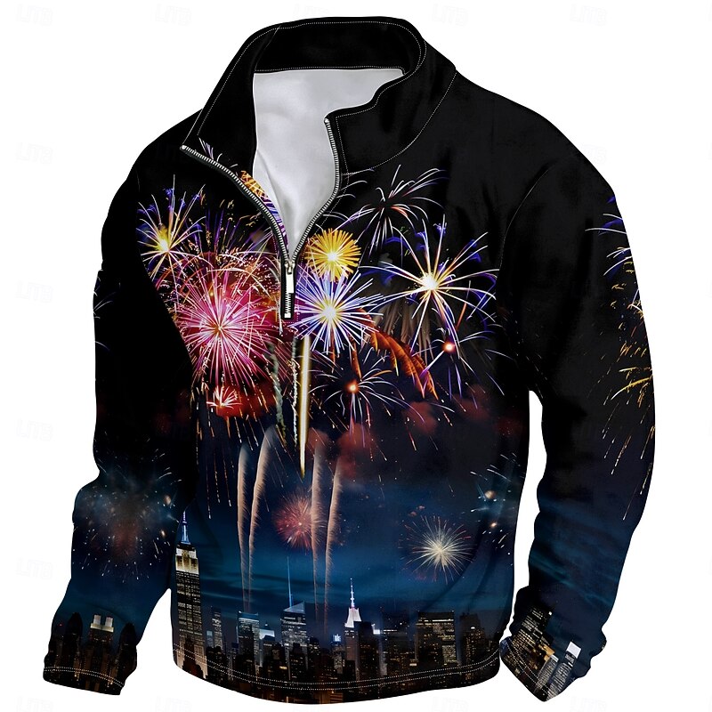 New Year Men's Graphic Happy New Year Hoodies Quarter Zip Sweatshirt Long Sleeve Sweatshirt Stand Collar Daily Casual Vintage Retro 3D Print Vacation Going out Streetwear Print Spring &  Fall3