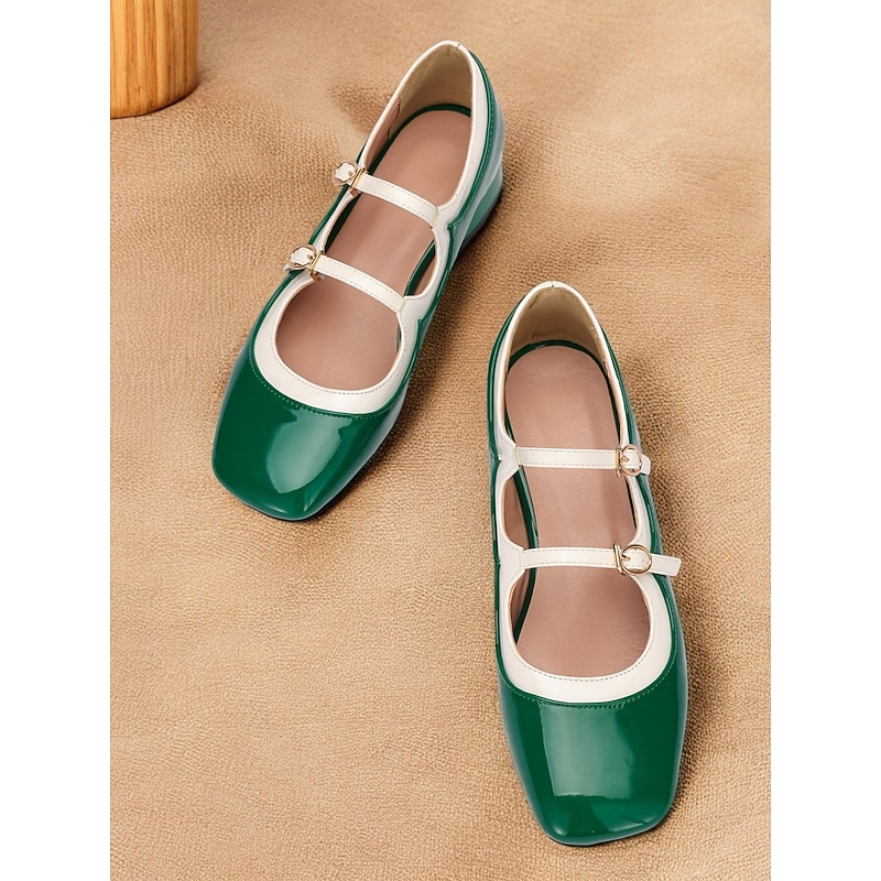 Retro Green Patent Leather Mary Jane Shoes – Women's Vintage Double-Strap Low Block Heels for Casual and Cosplay Wear2