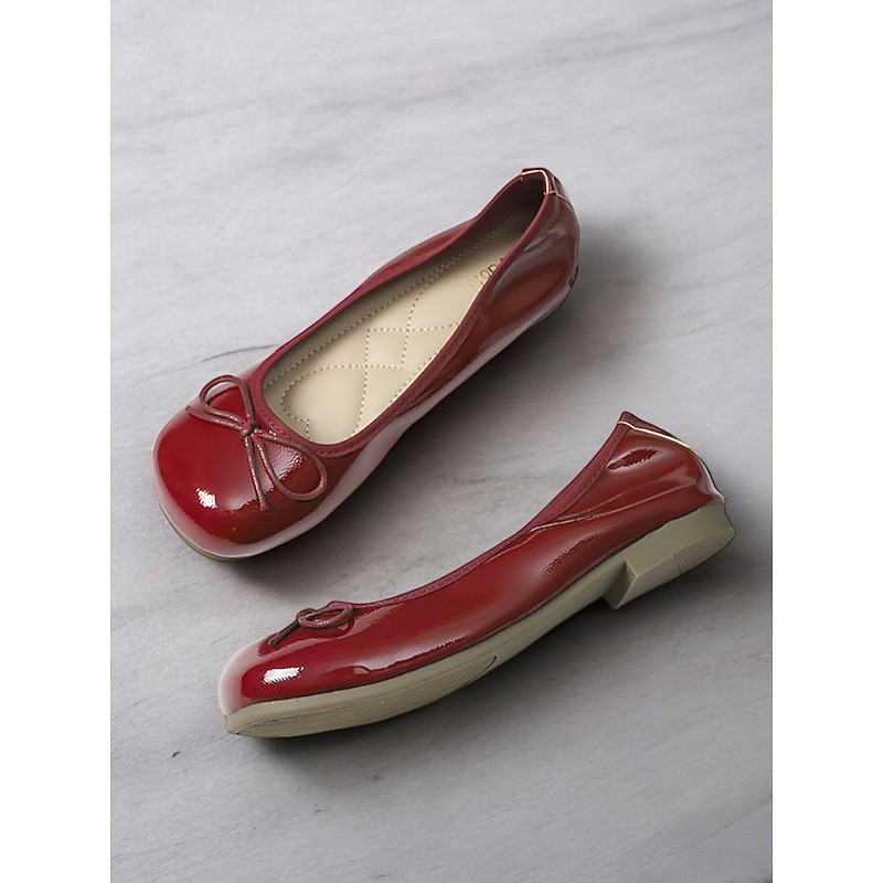 Women's Red Patent Leather Ballet Flats - Classic Round Toe Slip-On Shoes with Bow Detail for Casual and Office Wear2