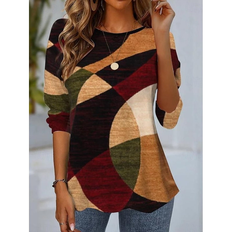 Women's T shirt Long Sleeve Crew Neck Long Sleeve Tunic Modern Casual Geometric Print Regular Tops Daily Wine Light Brown Blue Orange Brown Fall Winter Prefall