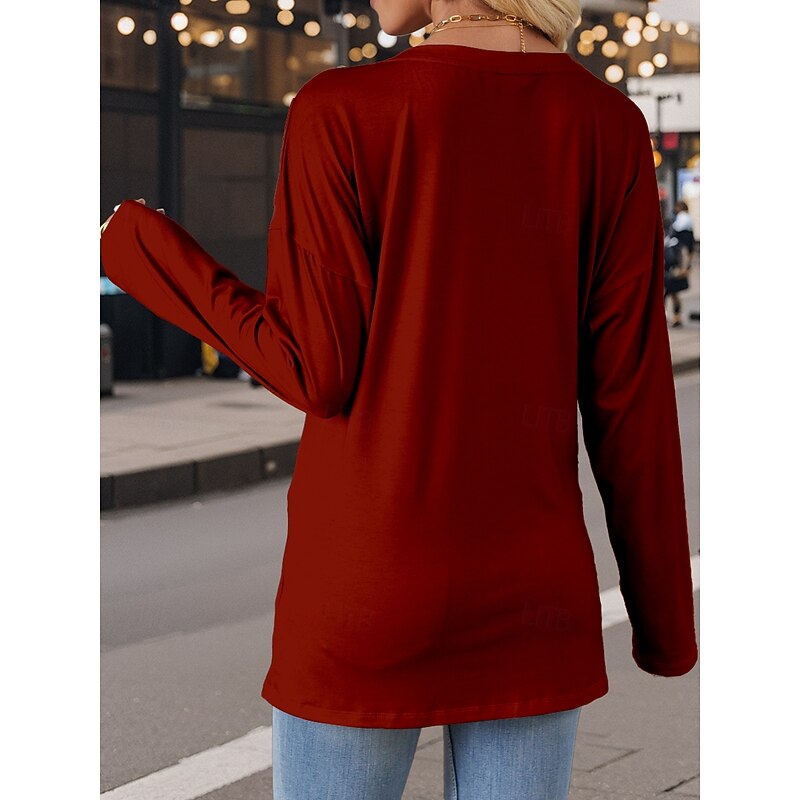 Women's T Shirt  Casual Print Long Sleeve Regular Tops V Neck  Daily Red Spring Fall2