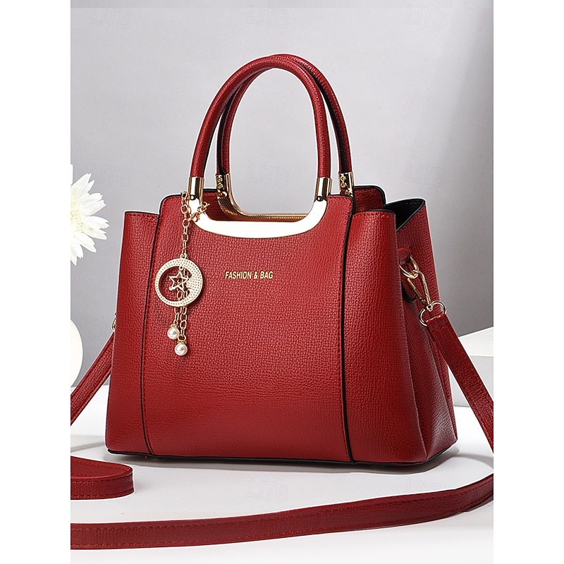 Women's Red Faux Leather Handbag - Elegant Top-Handle Design with Pearl Charm and Detachable Strap for Work, Parties, and Daily Use