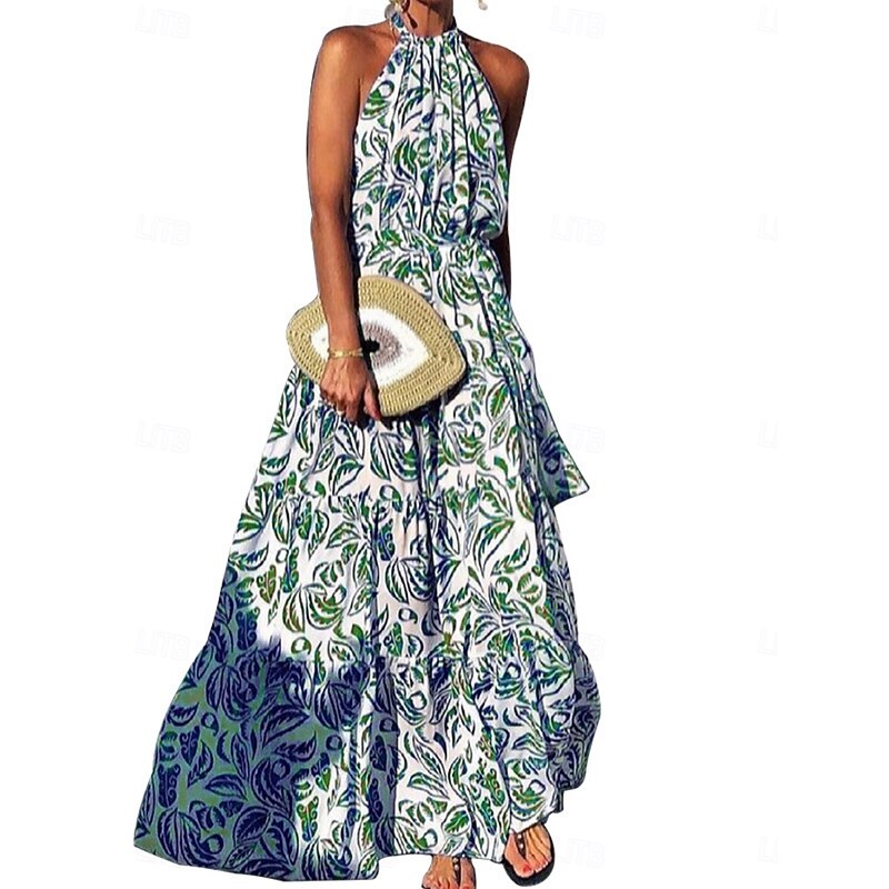 Women's Floral Halter Neck Maxi Dress Long Sleeve Summer Spring3