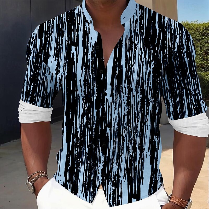 Men's Line Dress Shirt Button Up Shirt Long Sleeve Casual Vacation Home Daily Summer Spring &  Fall Grandad Collar Band Collar 3D Print Black Blue Brown Green4