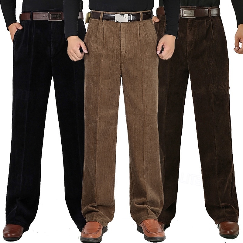Men's Dress Pants Corduroy Pants Trousers Straight Leg Plain Comfort Daily Classic Style Dark Khaki Black Micro-elastic