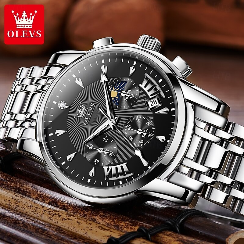 OLEVS Men Quartz Watch Fashion Casual Wristwatch Moon phase Luminous Calendar Chronograph Steel Watch3